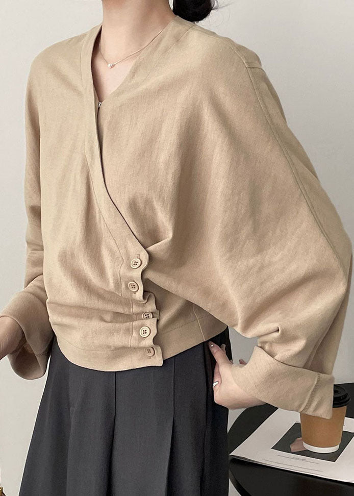 Apricot V Neck Asymmetrical Cozy Top Long Sleeve