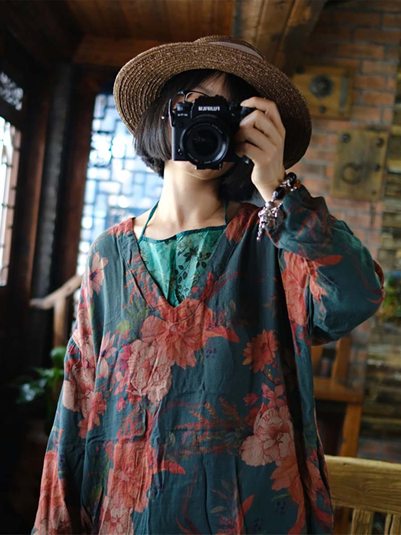 Print V-neck Loose Dress