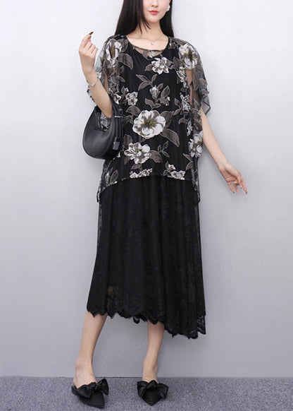 Black Print Tulle T Shirt and Long Dress Two Pieces Set Batwin Sleeve