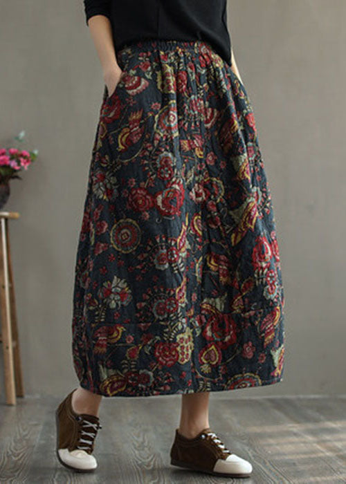 Red Elastic Waist Patchwork Print Fine Cotton Filled Skirt Winter
