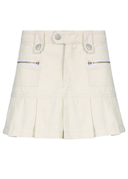 Slim Fit White Button High Waist Patchwork Denim Pleated Skirt Fall