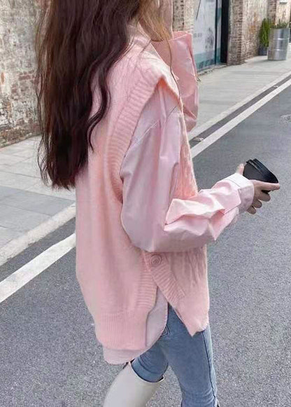 Pink Peter Pan Collar Shirts and Vest Knit Two Pieces Set Fall