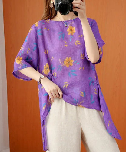 French O Neck Asymmetric Summer Top Shirts Purple Print Top