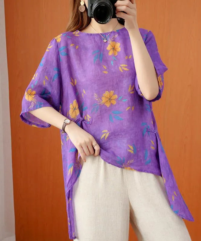 French O Neck Asymmetric Summer Top Shirts Purple Print Top
