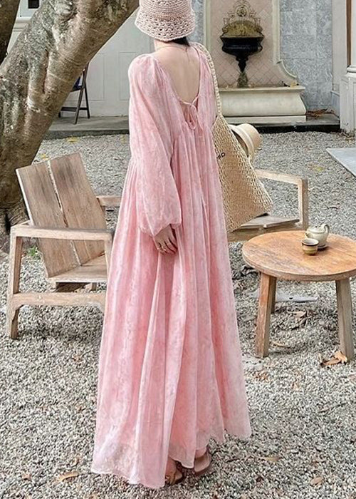 Pink Print Wrinkled Lace Up Chiffon Long Dress Fall