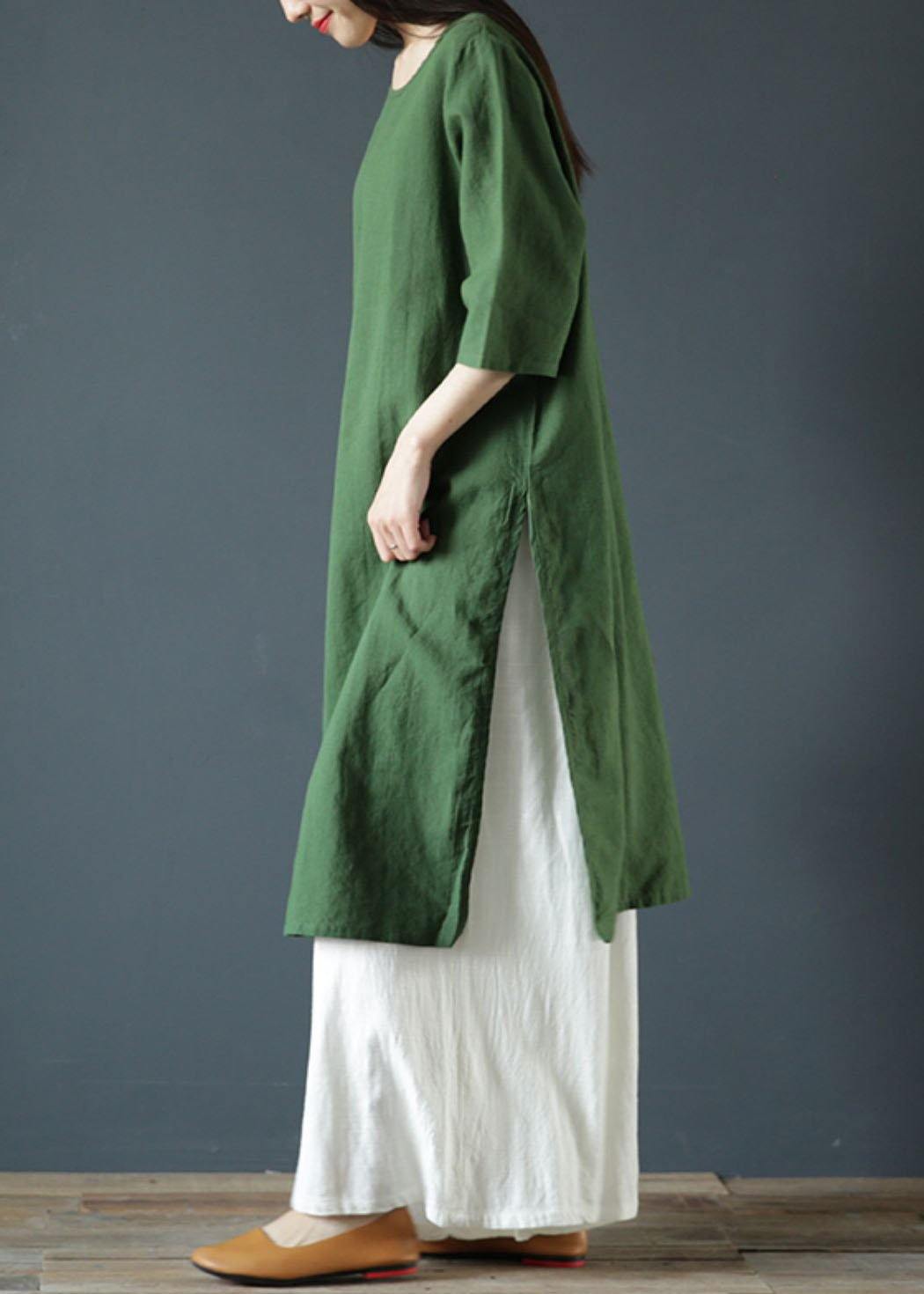 Natural Green Linen Dresses O Neck Side Open Cotton Dress
