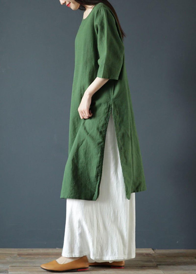 Natural Green Linen Dresses O Neck Side Open Cotton Dress