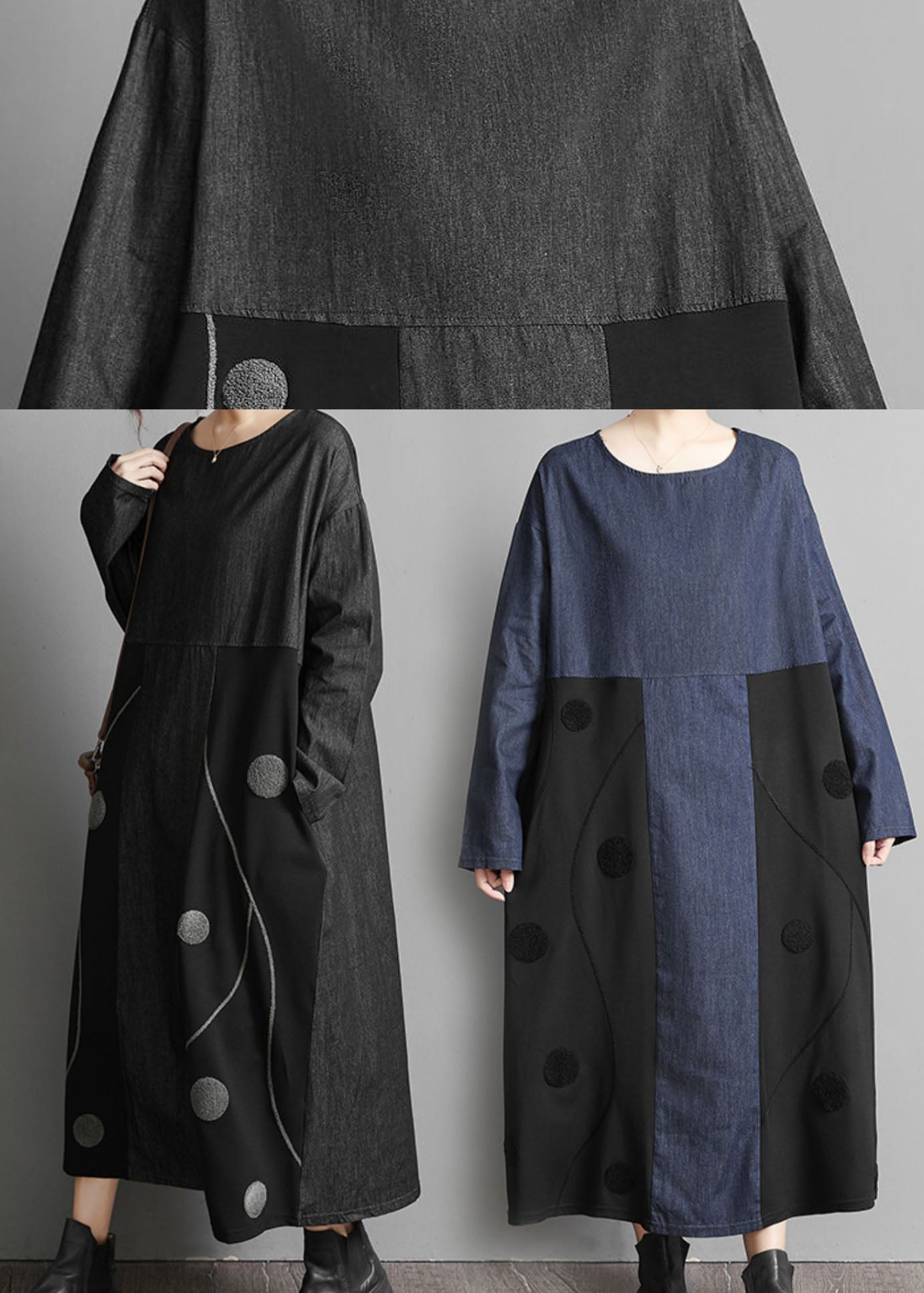 Black Pockets Patchwork Denim Maxi Dresses Embroideried