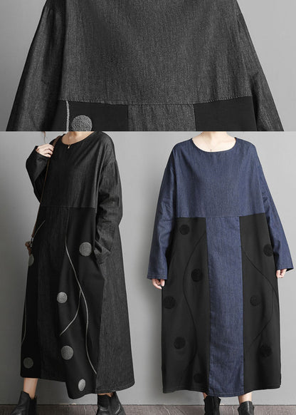 Black Pockets Patchwork Denim Maxi Dresses Embroideried