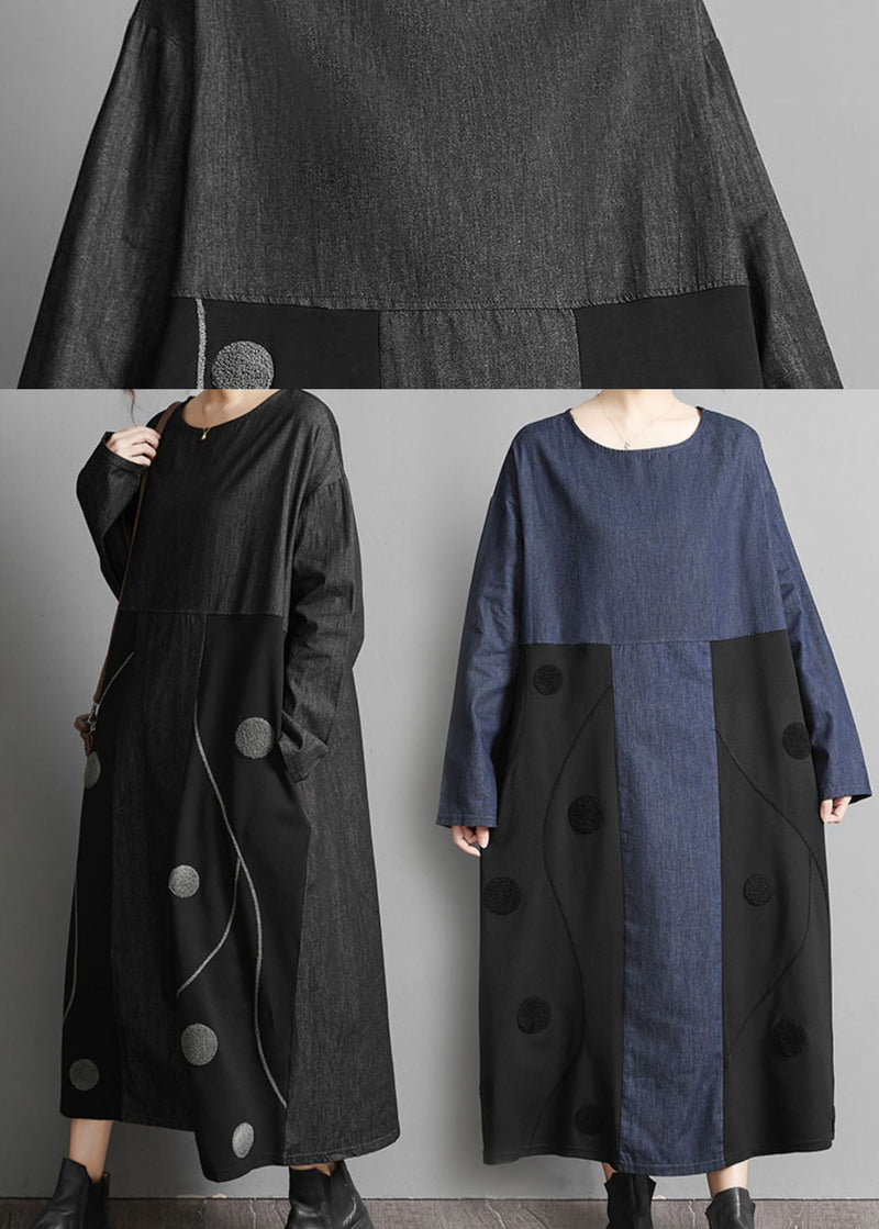 Black Pockets Patchwork Denim Maxi Dresses Embroideried