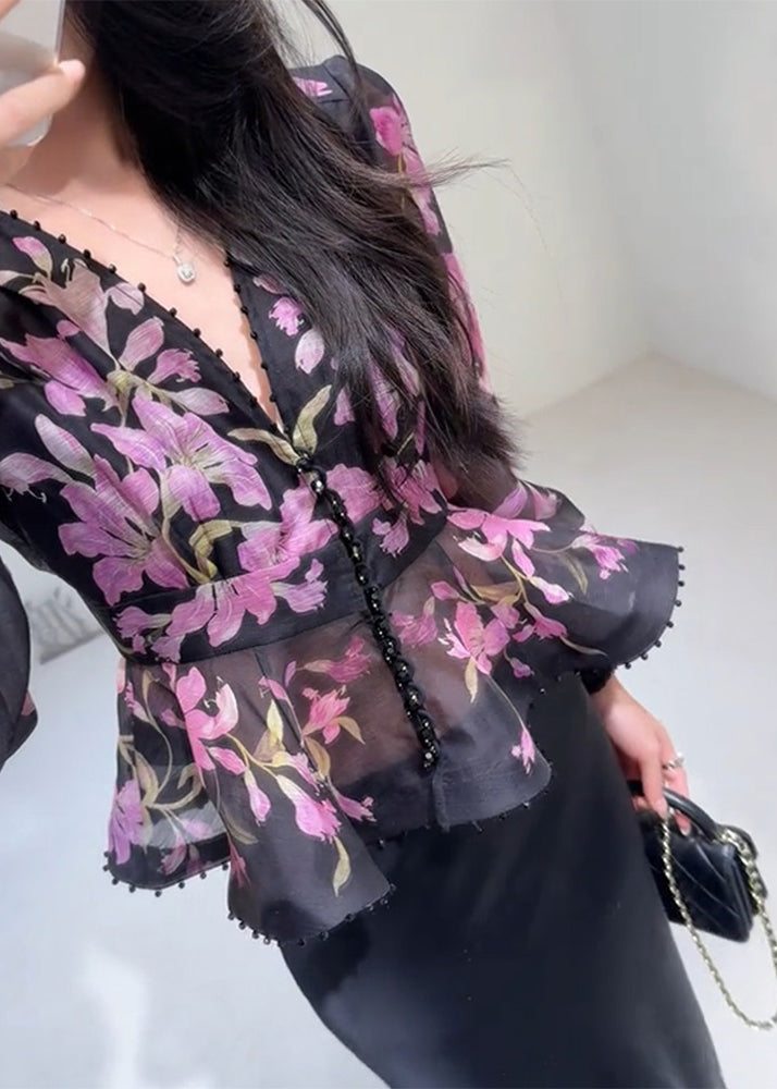 Black V Neck Print Top Lantern Sleeve
