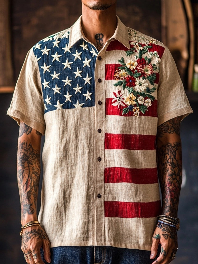 Men's Flag Inspired Floral Embroidered Linen Shirt elevenforest