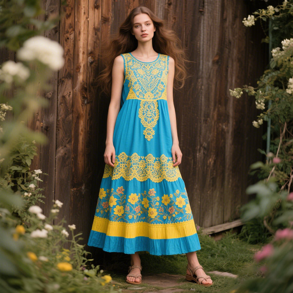 Vintage Sunflower Embroidery Pattern Cotton And Linen Sleeveless Dress elevenforest