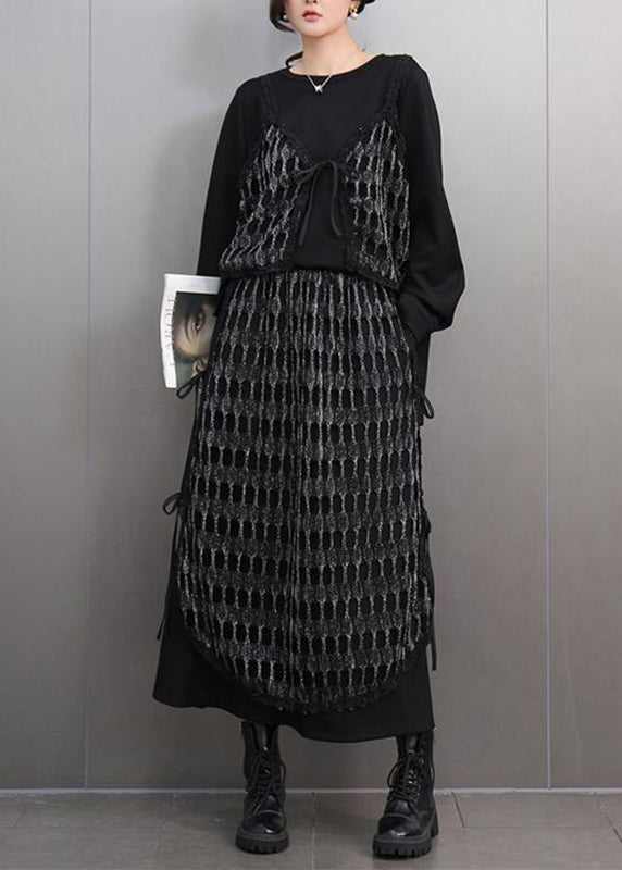 Unique Black O-neck Plaid Patchwork Top and Maxi Skirts Two Piece Set Spring