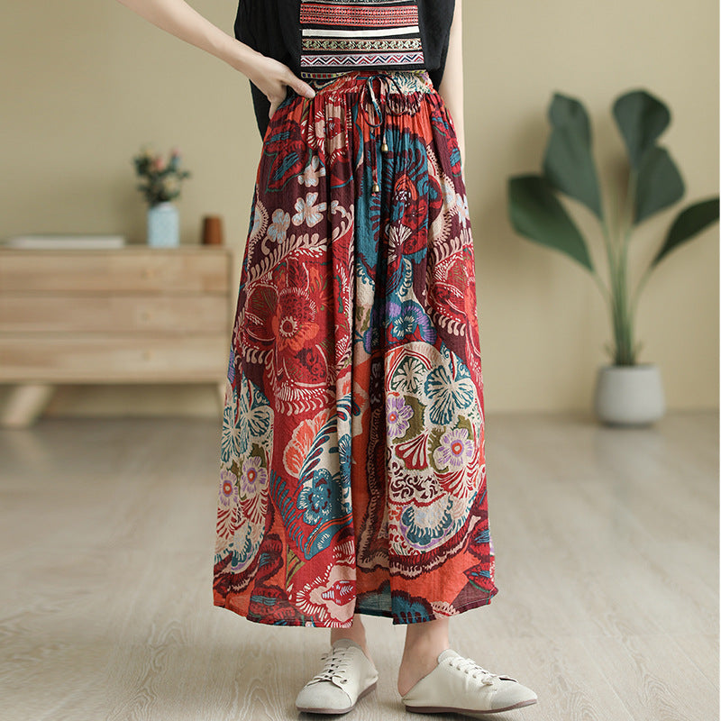 Literary Tencel Linen Print Slim A-line Skirt