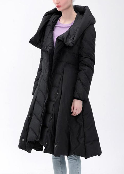 Black Hooded Asymmetrical Button Cotton Blend Coat Winter