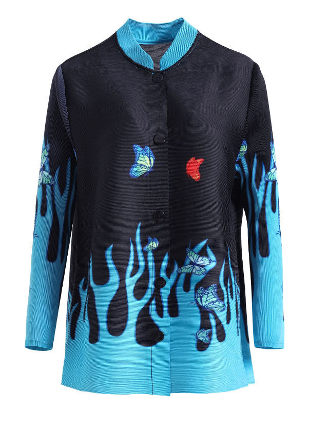 Black Stand Collar Print Button Shirt Long Sleeve
