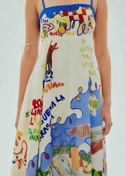 Blue Patchwork Maxi Spaghetti Strap Dresses Sleeveless