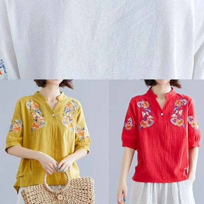Natural White Embroidery Linen Clothes Work Outfits V Neck Summer Blouses