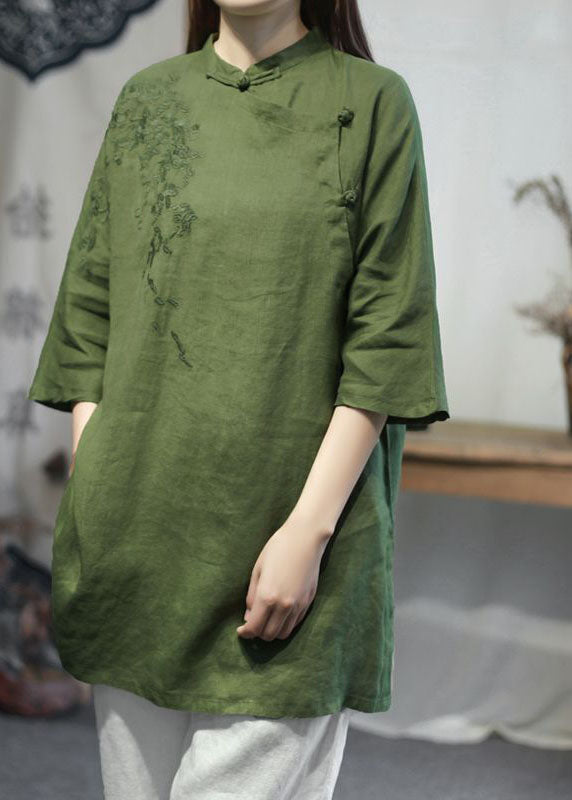 Green Stand Collar Embroidered Linen Tops Half Sleeve