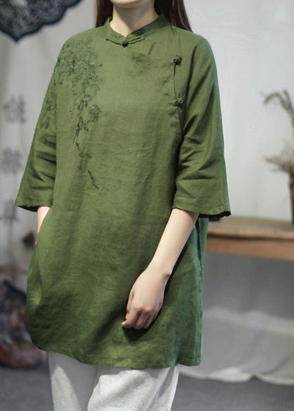 Green Stand Collar Embroidered Linen Tops Half Sleeve