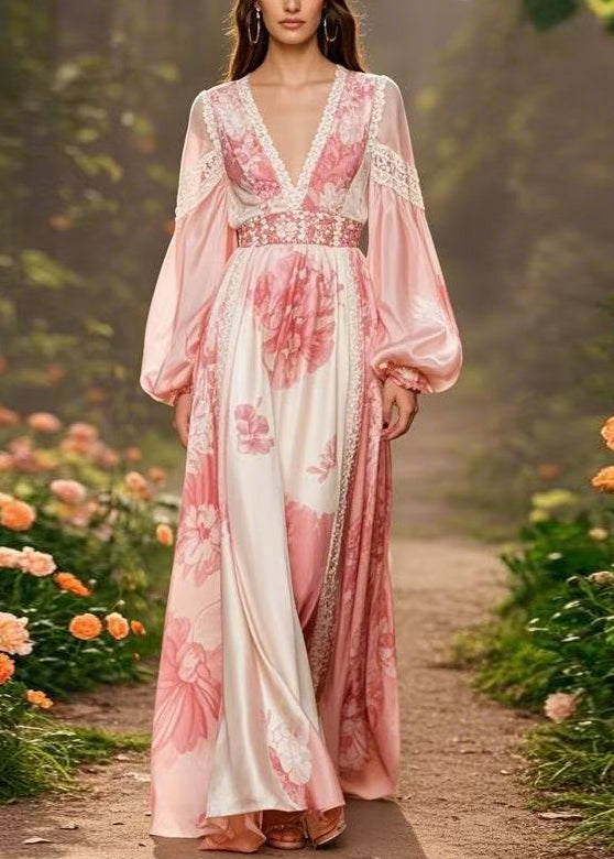 Pink V Neck Print Silk Long Dresses Lantern Sleeve