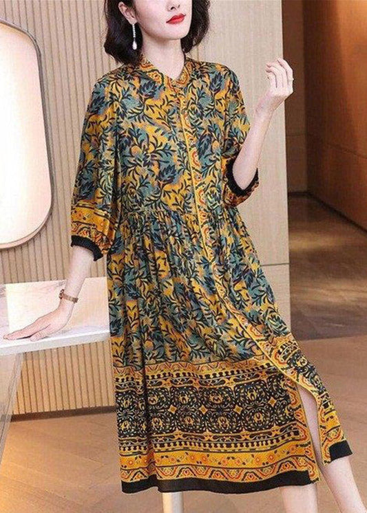 Handmade O-neck Print Button Wrinkled Silk Maxi Dresses Long Sleeve