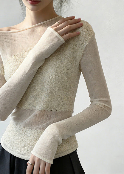 White Cold Shoulder Patchwork Knit Sweaters Spring