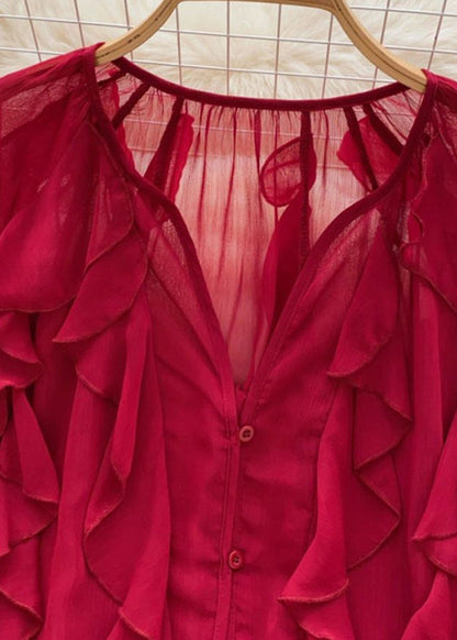 Vogue Red V Neck Ruffled Button Chiffon Shirts Lantern Sleeve