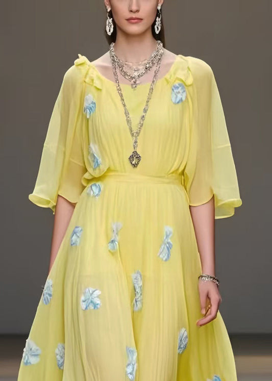 Yellow Print Chiffon Vacation Dress Exra Large Hem Summer
