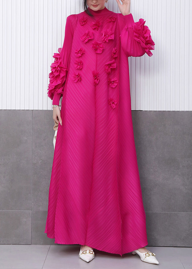 Rose Decorated Pleated Texture Maxi Dress Petal Sleeve