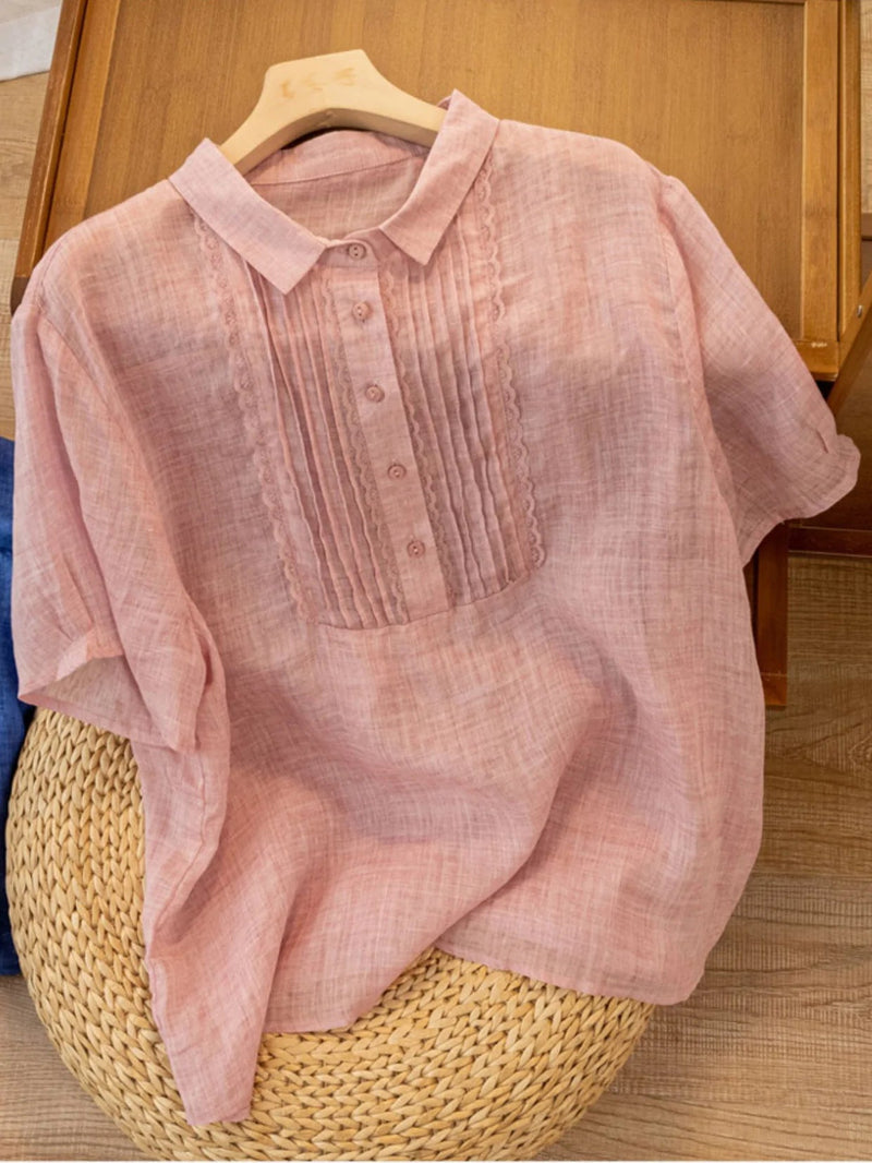 Color Short Sleeve Linen Pleated Top