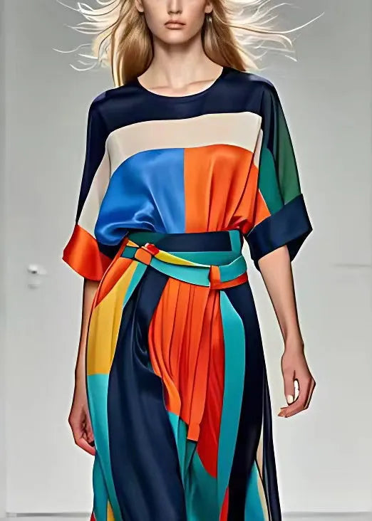French Print Tops and High Waist Skirts Silk Two Pieces Set Half Sleeve