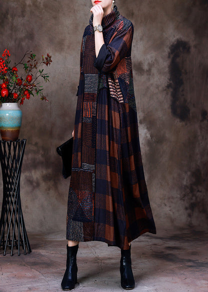 Coffee Turtleneck Plaid Patchwork Velour Maxi Dress Long Sleeve