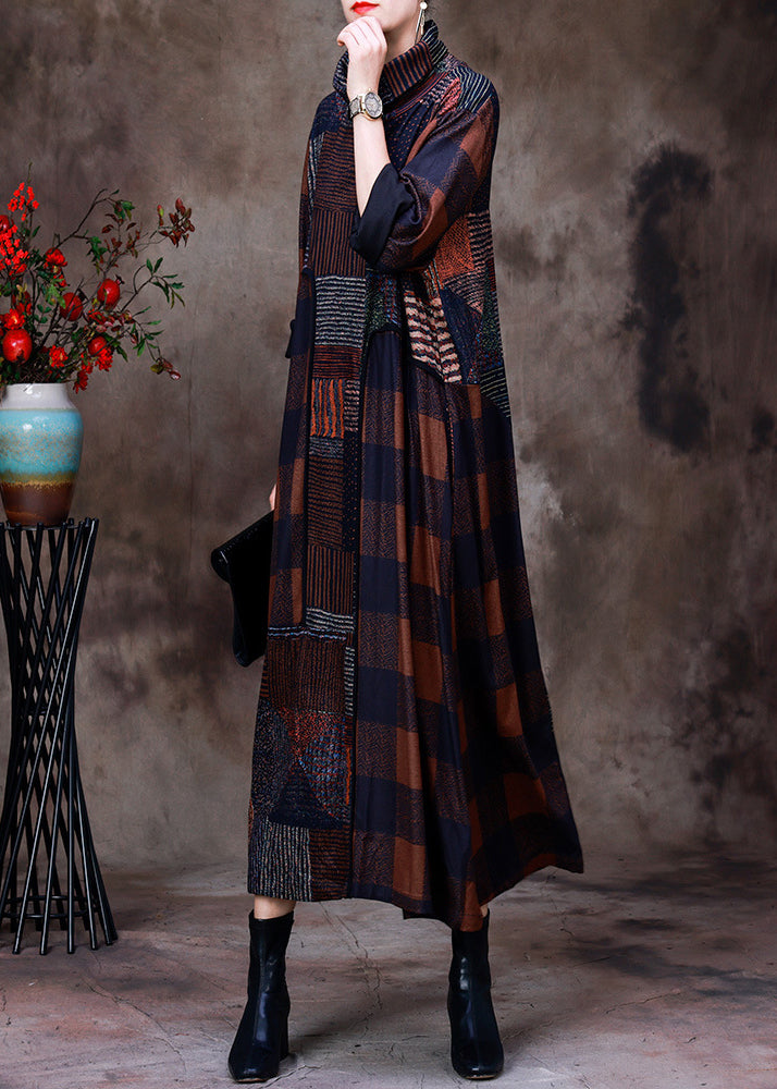 Coffee Turtleneck Plaid Patchwork Velour Maxi Dress Long Sleeve