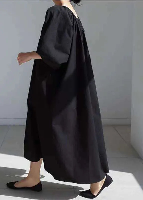 Easy Black Tie Waist Puff Sleeve Cotton Long Dress