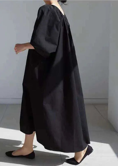 Easy Black Tie Waist Puff Sleeve Cotton Long Dress