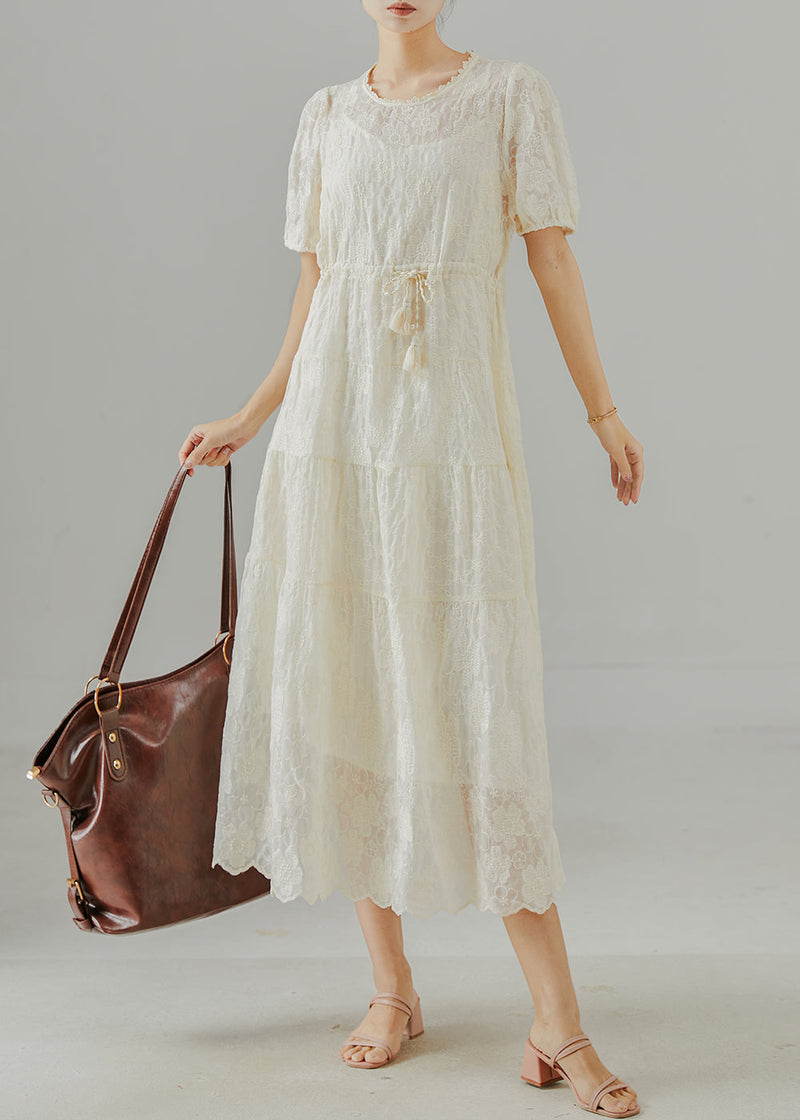 Beige Embroidered Cotton Cinched Dress Summer