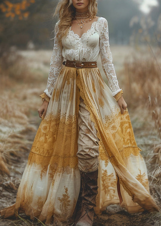 V Neck Patchwork Pastoral Style Lace Long Dresses