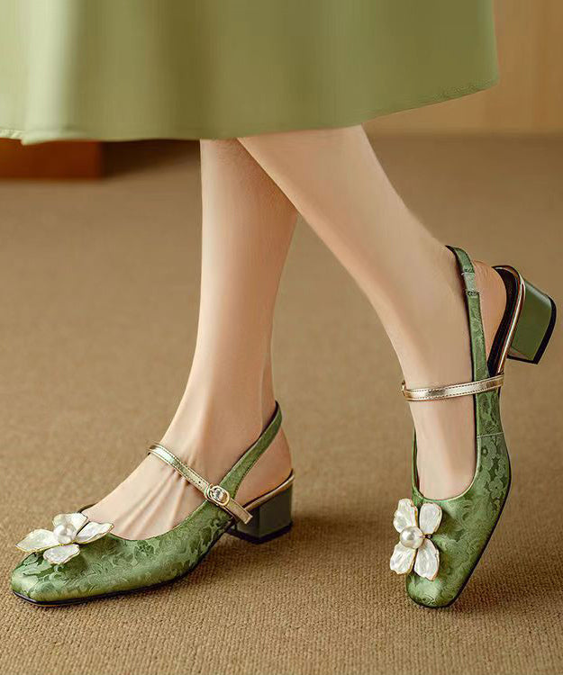 Green Chunky Chinese Style Buckle Strap Splicing Sandals