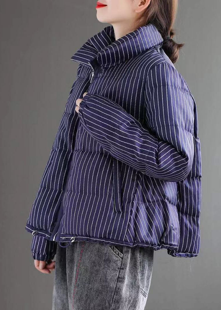 Red Striped Stand Collar Zippered Winter Chiffon Puffers Jackets