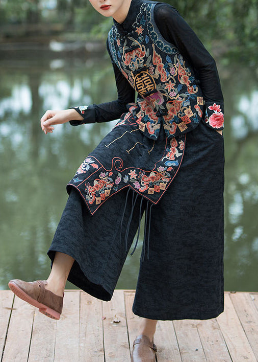 Navy Embroidered Patchwork Cotton Crop Pants Summer