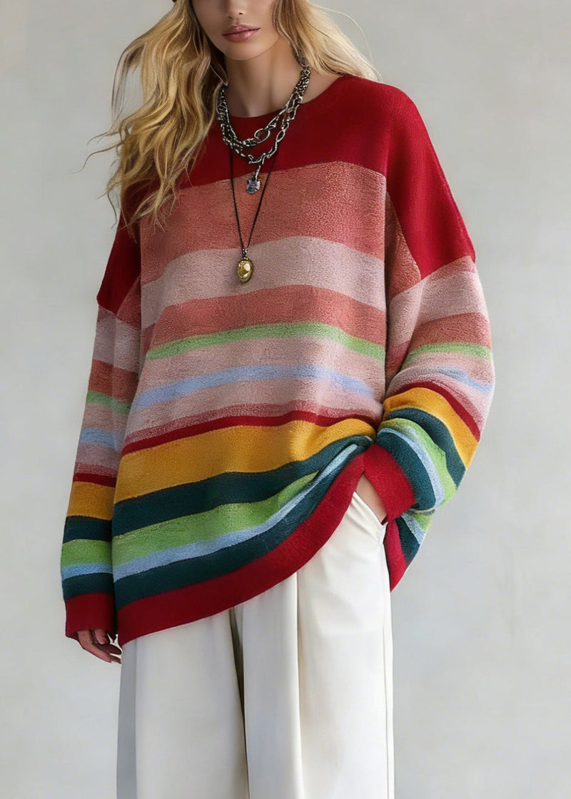 Rainbow Striped O-neck Knit Sweaters and White Pants Two Pieces Set Spring