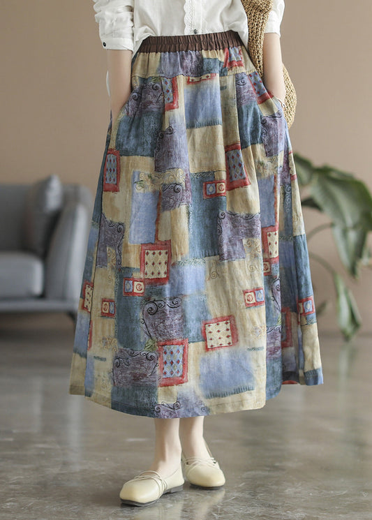 Blue Pockets Print Linen a Line Skirts Spring