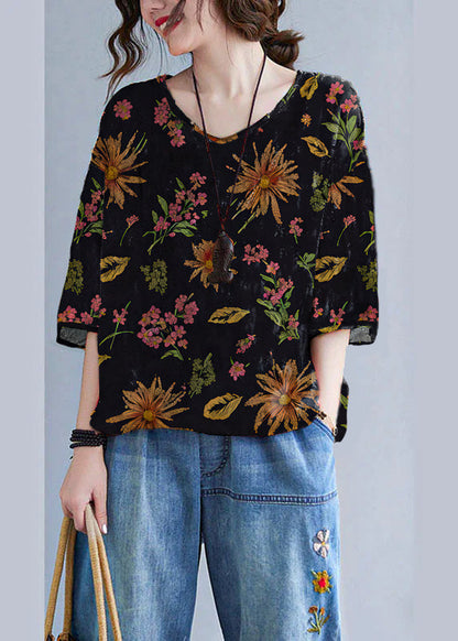 Print V Neck Patchwork Loose Drawstring Fall Blouses Half Sleeve