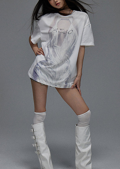 French White O Neck Print Tulle Patchwork Cotton T Shirt Summer