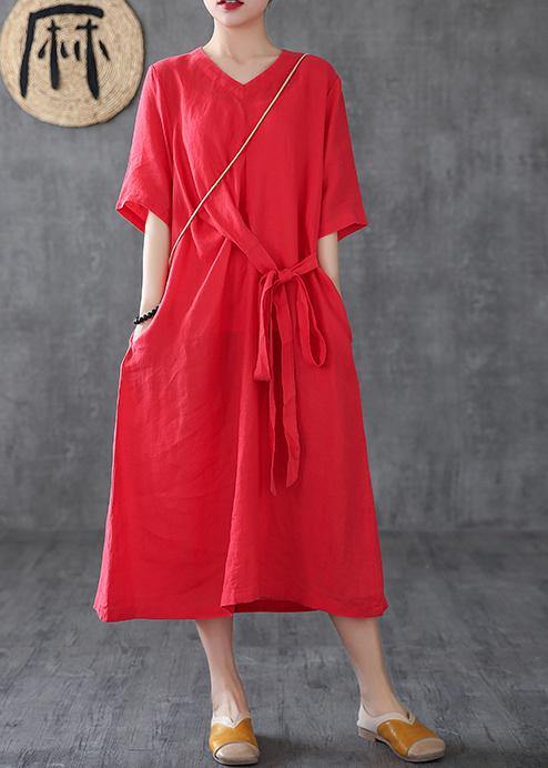Unique Red Linen Clothes V Neck Maxi Dress