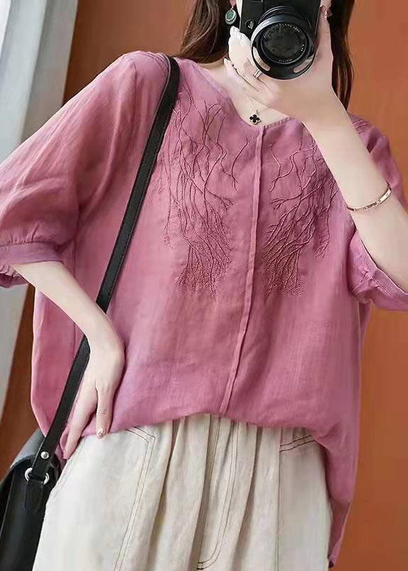 Natural Pink Linen Clothes V Neck Daily Summer Top