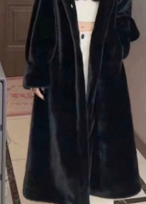 Black Patchwork Mink Velvet Hooded Maxi Trench Coat Winter