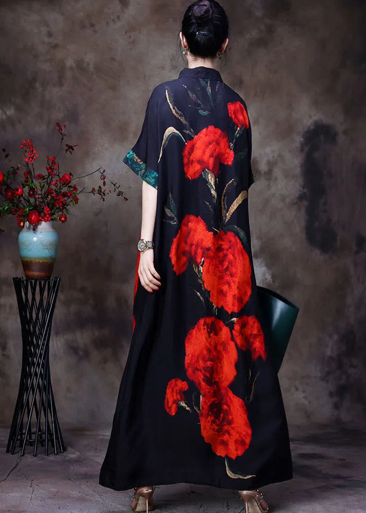 Black Mandarin Collar Print Silk Long Dress for Wemon Short Sleeve